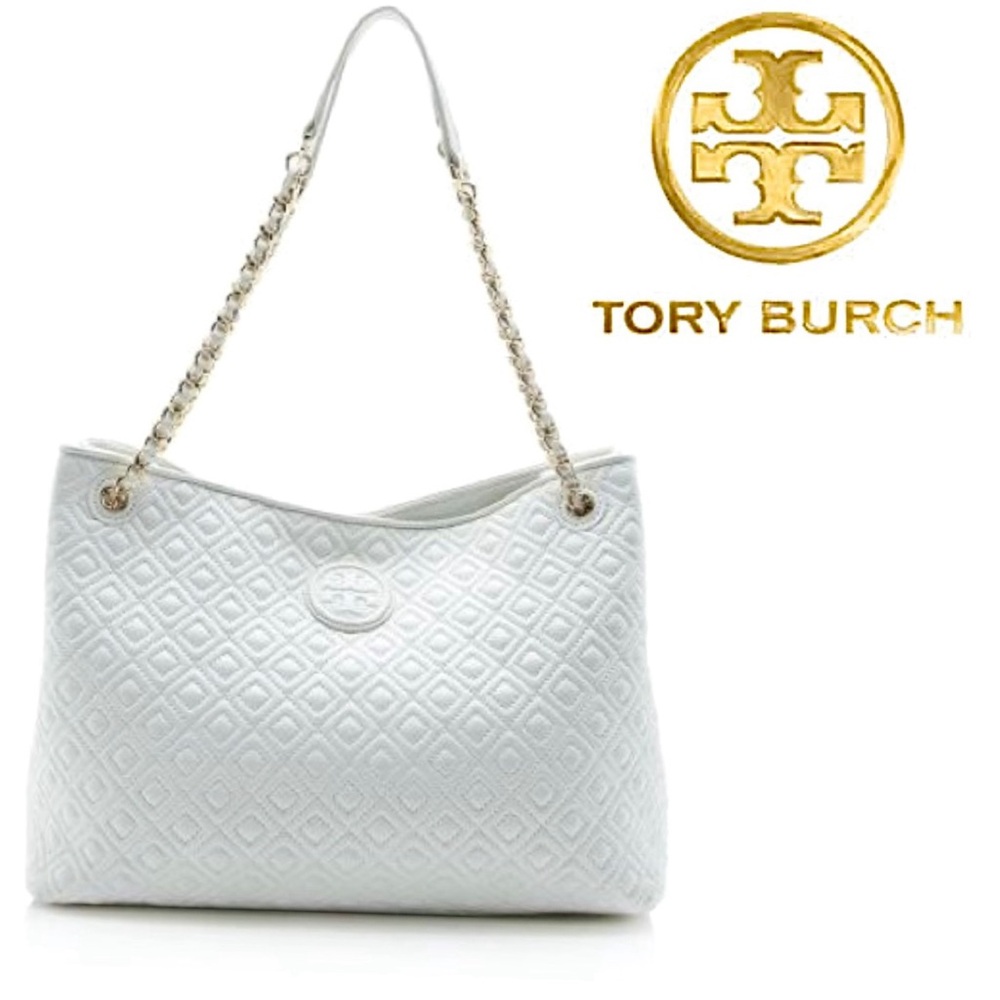 TORY BURCH Quilted Lambskin Marion Leather Tote Shoulder Bag in White